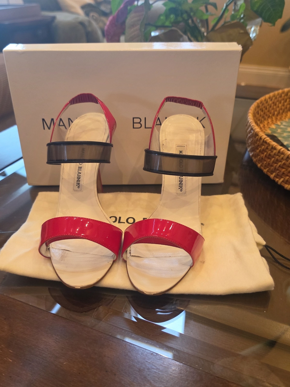 Manolo Blahnik Red and Black Patent Leather Open-Toe Sandals